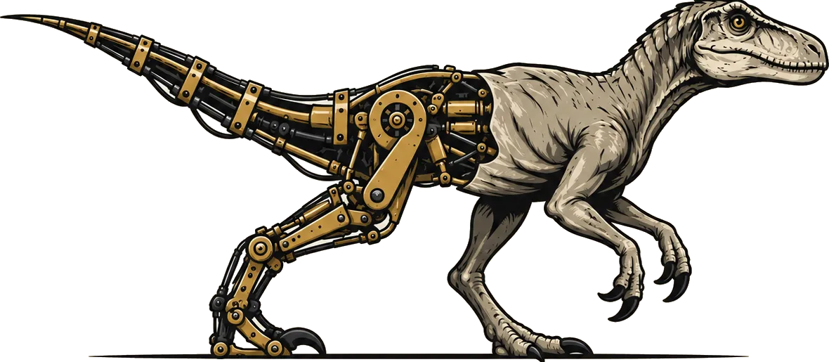 Brass To Bone emblem: a raptor that is half exposed brass mechanism, half skin and bone